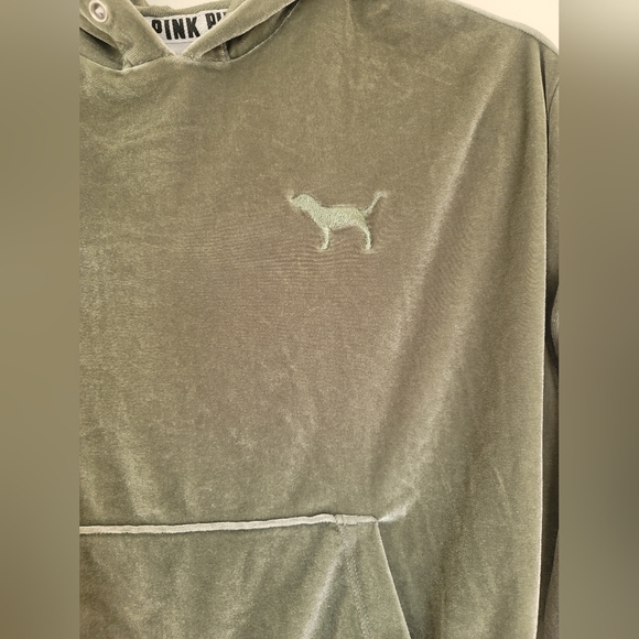 PINK Olive Green Velvet XS crop top hoodie - Picture 3 of 7
